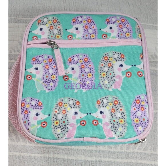 Pottery Barn Kids Hedgehog Floral Lunch Box Pink Trim Personalized “Georgia - Picture 1 of 7